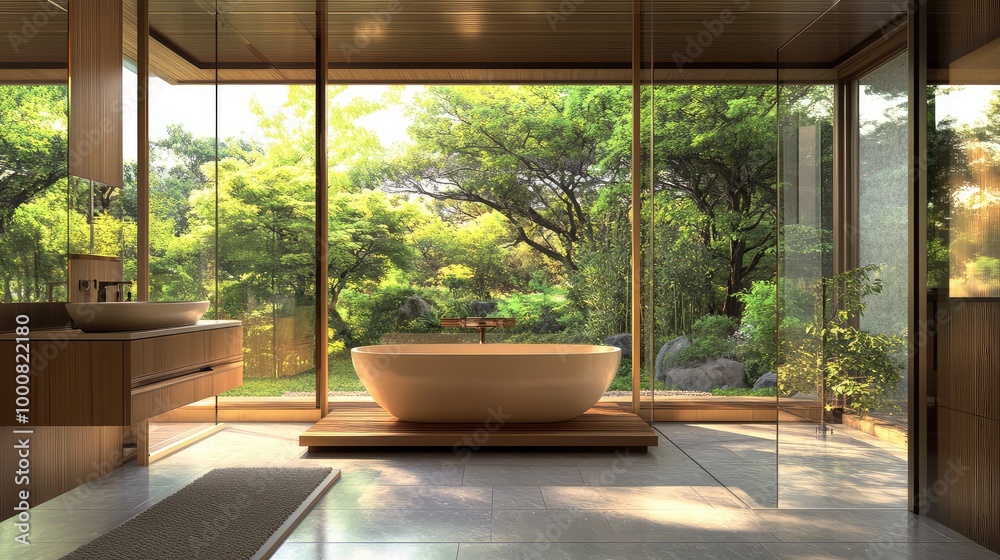 A contemporary Japanese bathroom, featuring sleek wooden fixtures, a freestanding bathtub, and floor-to-ceiling windows framing views of a tranquil garden A contemporary Japanese bathroom, featuring sleek wooden fixtures, a freestanding bathtub, and floor-to-ceiling windows framing views of a tranquil garden