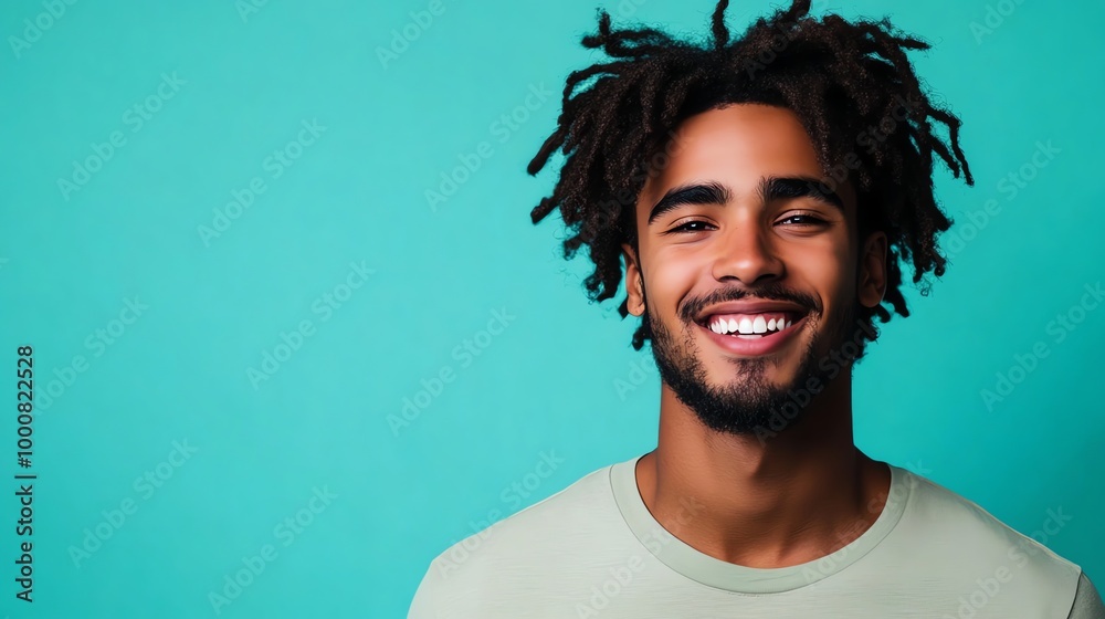 A young man with dreadlocks laughs with a bright white smile. A young man with dreadlocks laughs with a bright white smile.