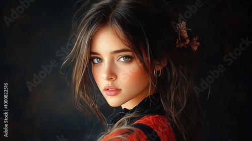 Beautiful Woman Portrait with Green Eyes and Flower in Hair