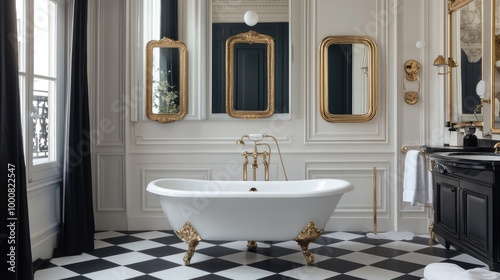 A contemporary Parisian bathroom, featuring black-and-white checkered floors, a freestanding bathtub, and gold accents on the mirrors and fixtures, creating a chic, elegant space