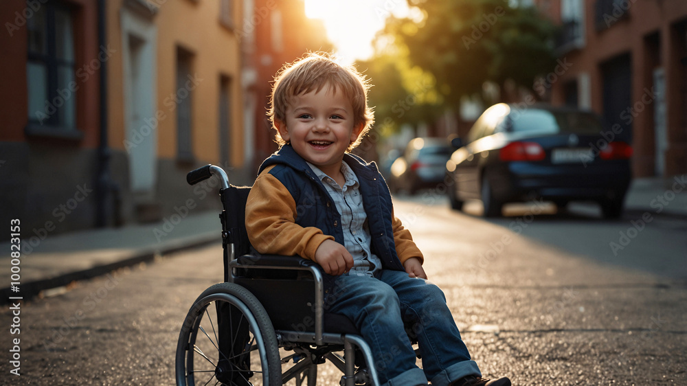 A smiling young boy in a wheelchair enjoying a sunny street, radiating joy and innocence in an urban setting. A smiling young boy in a wheelchair enjoying a sunny street, radiating joy and innocence in an urban setting.