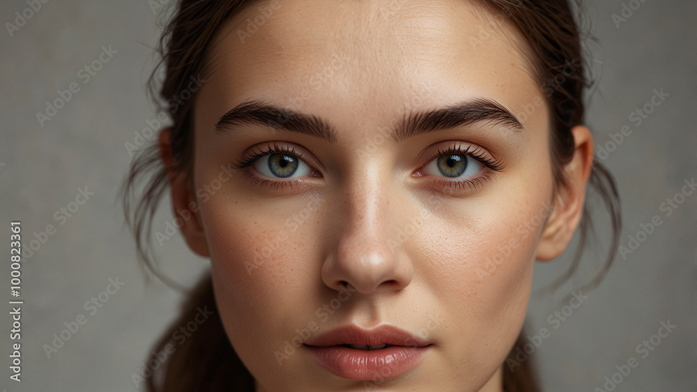 Obraz premium A close-up image highlighting the facial features and natural beauty of a young woman with clear skin and sharp gaze.