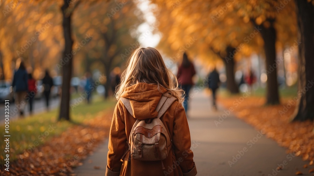 A child with a brown backpack walking down an autumnal street lined with trees, evoking a sense of independence and wonder. A child with a brown backpack walking down an autumnal street lined with trees, evoking a sense of independence and wonder.