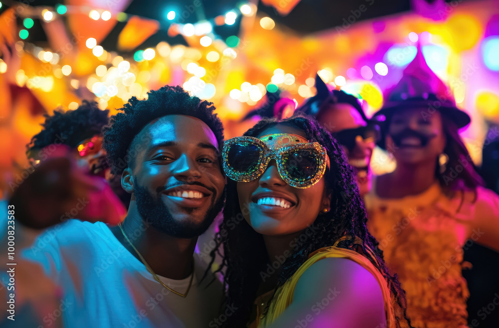 A group of friends dressed in Halloween costumes, smiling and taking selfies at a Halloween party with decorations and lights. A group of friends dressed in Halloween costumes, smiling and taking selfies at a Halloween party with decorations and lights.