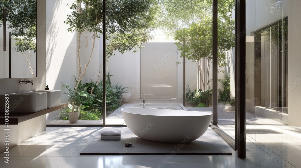 A contemporary villa bathroom, with sleek white fixtures, a freestanding bathtub, and large windows framing views of a modern courtyard A contemporary villa bathroom, with sleek white fixtures, a freestanding bathtub, and large windows framing views of a modern courtyard