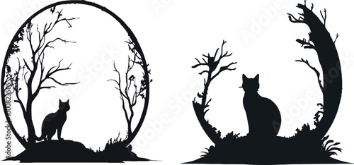 Silhouette of a black cat arching its back under a full moon 