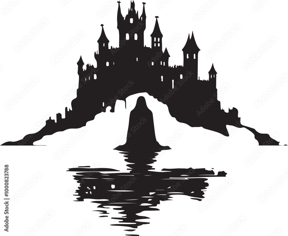 Naklejka premium Silhouette of a ghost floating in front of a spooky castle