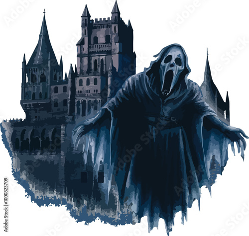 Silhouette of a ghost floating in front of a spooky castle