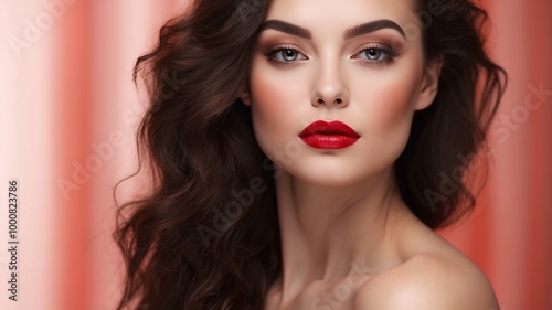 A glamorous portrait of a woman with striking red lips and curly hair, set against a vibrant background emphasizing allure.