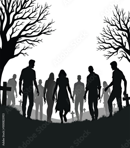 Silhouette of a group of zombies walking in a graveyard 