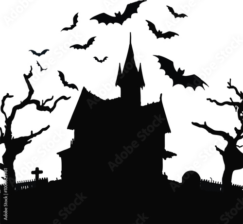 Silhouette of a haunted house with bats flying around