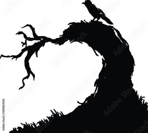 Silhouette of a spooky tree with twisted branches and a crow perched on top.