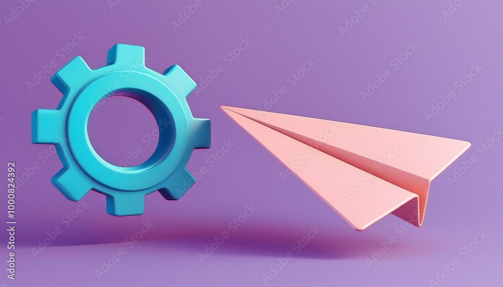 Gear and paper airplane icons symbolizing creativity and innovation on a vibrant purple background. Gear and paper airplane icons symbolizing creativity and innovation on a vibrant purple background.