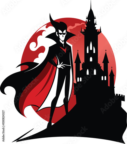 Silhouette of a vampire in a cape with a castle behind 