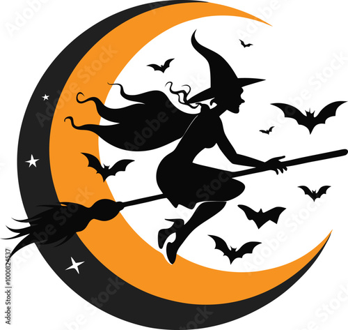 Silhouette of a witch flying on a broomstick with the moon in the background