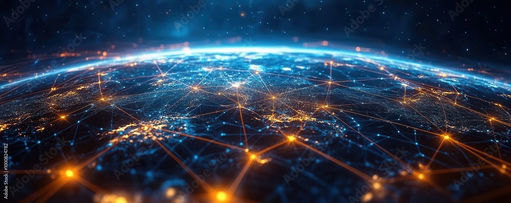 Obraz premium Abstract digital representation of global trade routes, interconnected business networks