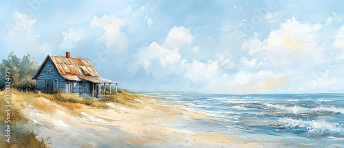 serene beachside cottage stands against soft pastel sky, surrounded by gentle waves and sandy shores. tranquil scene evokes sense of peace and nostalgia