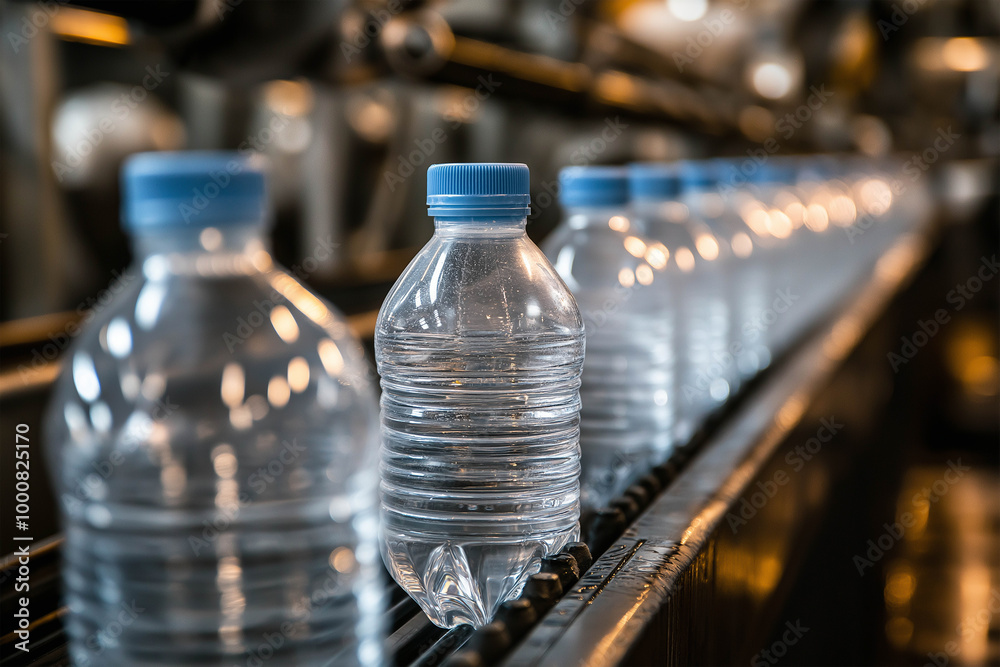 Plastic bottles traveling along a conveyor belt in a factory setting surrounded by a warm light Plastic bottles traveling along a conveyor belt in a factory setting surrounded by a warm light
