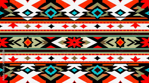 Wallpaper Mural Colorful geometric tribal pattern with traditional Native American motifs, featuring bold shapes and vibrant colors. Torontodigital.ca