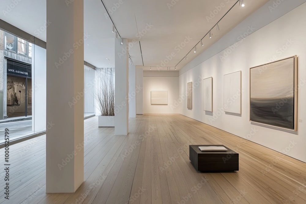 Fototapeta premium A contemporary art gallery with sleek wooden floors, minimalist white walls, and modern art pieces perfectly lit by soft overhead lighting.