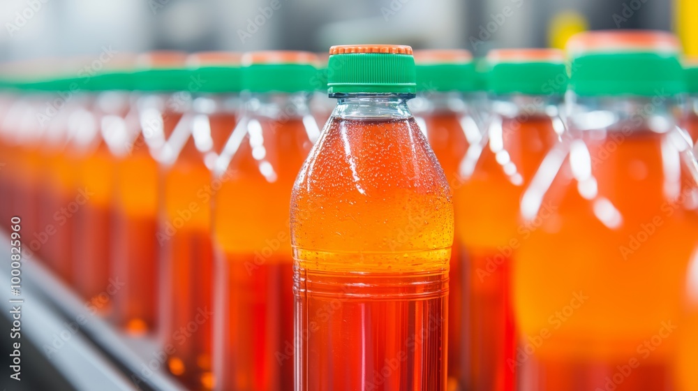 Orange Juice Bottles On Conveyor Belt In Factory Orange Juice Bottles On Conveyor Belt In Factory