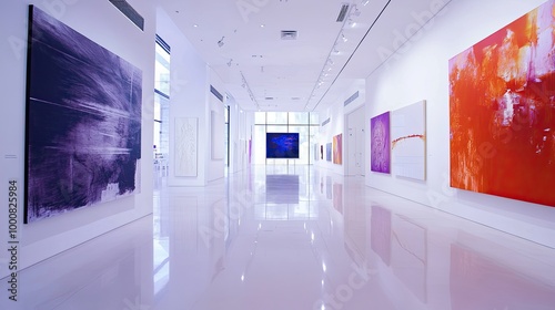 A contemporary gallery space with smooth white floors, large art pieces on the walls, and bright, natural light flooding the room.