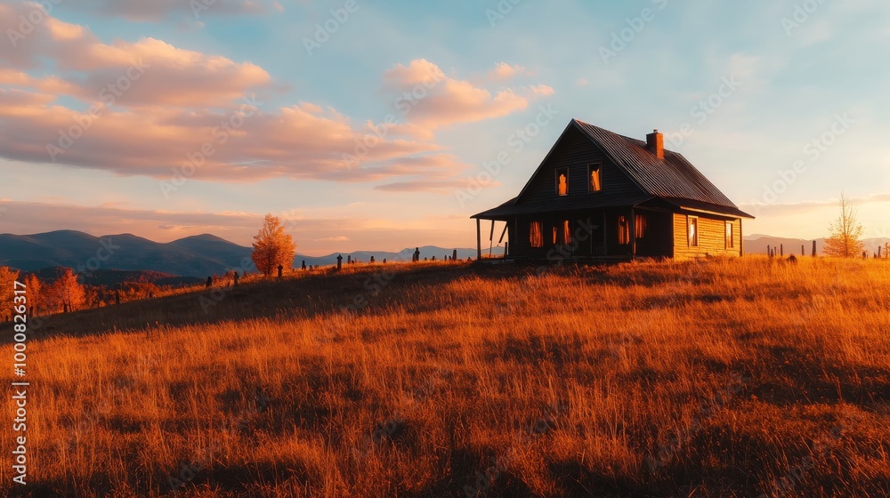 Rustic Cabin on Hilltop with Golden Sunset Rustic Cabin on Hilltop with Golden Sunset
