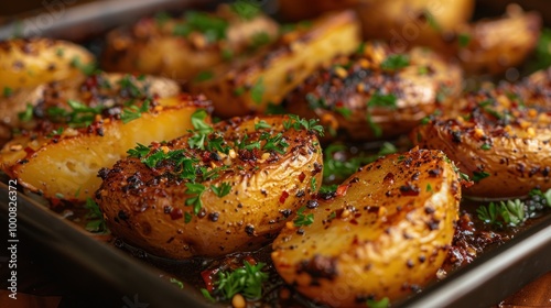 Deliciously spiced roasted potatoes garnished with fresh herbs in a cozy kitchen setting at sunset. Generative AI