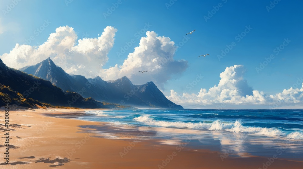 Fototapeta premium Serene Beach with Mountain View and Birds in Flight