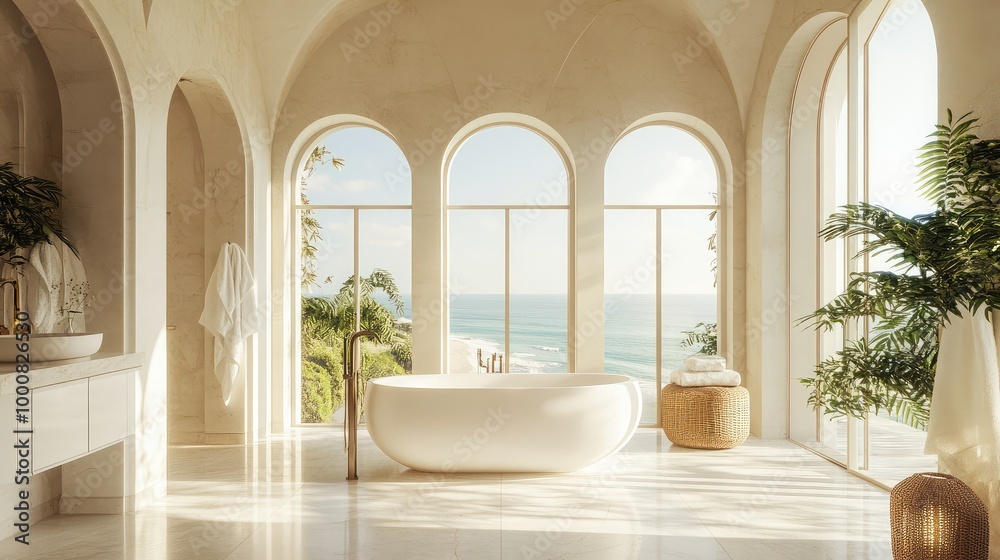 A luxurious Mediterranean villa bathroom, with white marble floors, a freestanding bathtub, and arched windows framing views of the coastline A luxurious Mediterranean villa bathroom, with white marble floors, a freestanding bathtub, and arched windows framing views of the coastline
