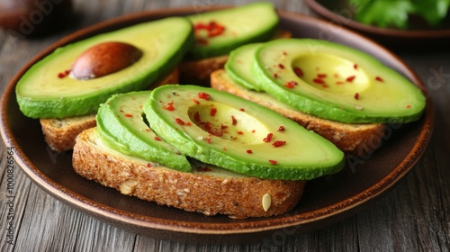 Fresh avocado toast with chili flakes on wooden plate