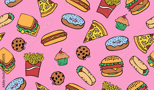 Cute fast food pattern background vector design