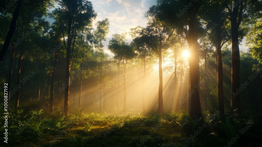 Obraz premium Sunbeams Through Foggy Forest Trees