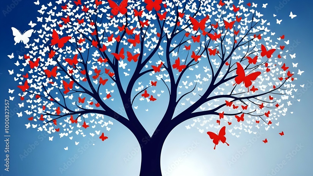 Fototapeta premium tree with colorful leaves,abstract background with lines,planets in space