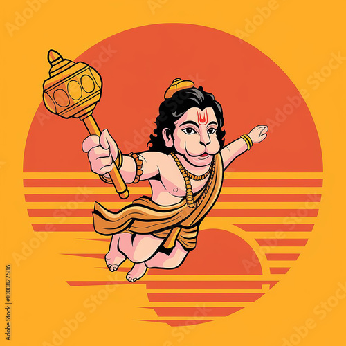 3D Stylized Illustration of Hanuman with Mace at Sunrise photo