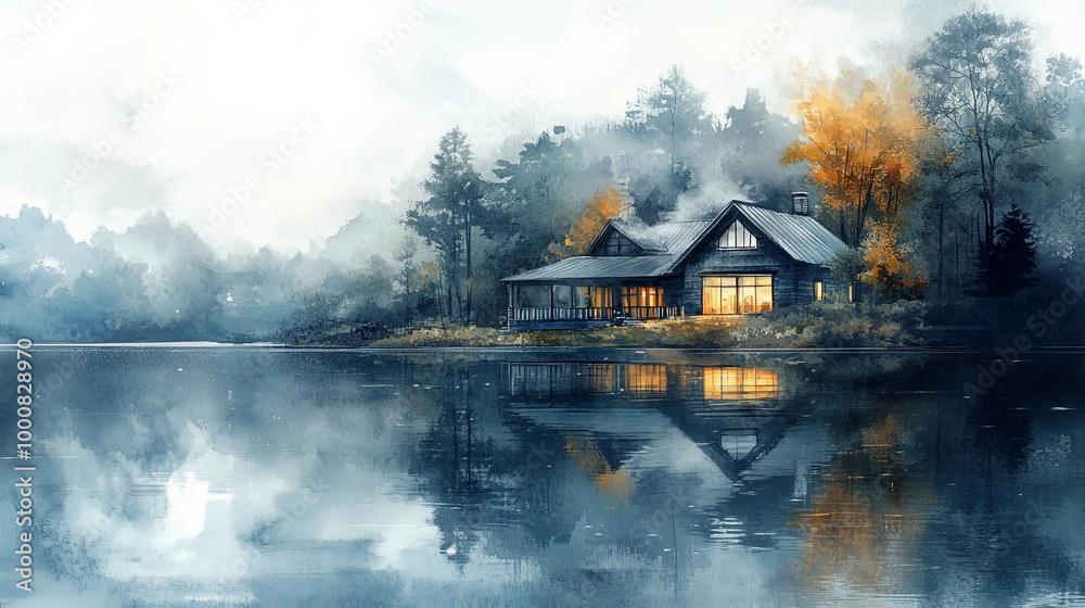 serene lakeside house reflects beautifully on calm water, surrounded by trees and autumn foliage. tranquil atmosphere evokes sense of peace and harmony serene lakeside house reflects beautifully on calm water, surrounded by trees and autumn foliage. tranquil atmosphere evokes sense of peace and harmony