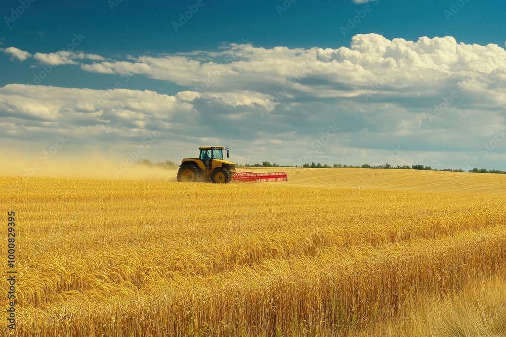 A yellow tractor in a golden wheat field under a blue sky with white clouds. A yellow tractor in a golden wheat field under a blue sky with white clouds.