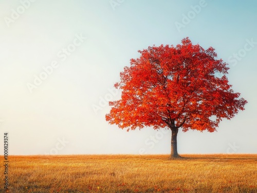 A lone tree standing in a wide open field, its branches covered in bright red and orange leaves, under a clear autumn sky.