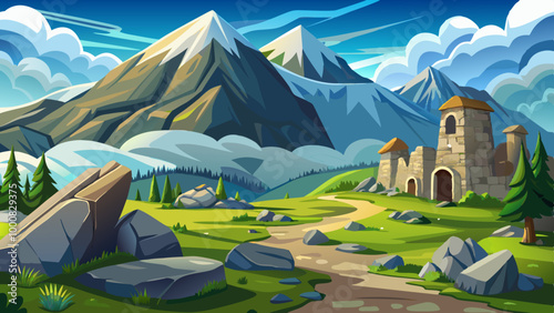 vector mountainous countryside with rocks cartoon illustration, landscape background