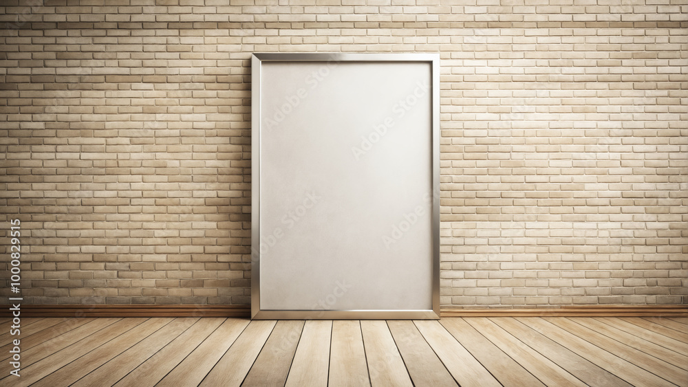 Blank picture frame on bricks wall background. Stylish steel photoframe for poster or picture Blank picture frame on bricks wall background. Stylish steel photoframe for poster or picture