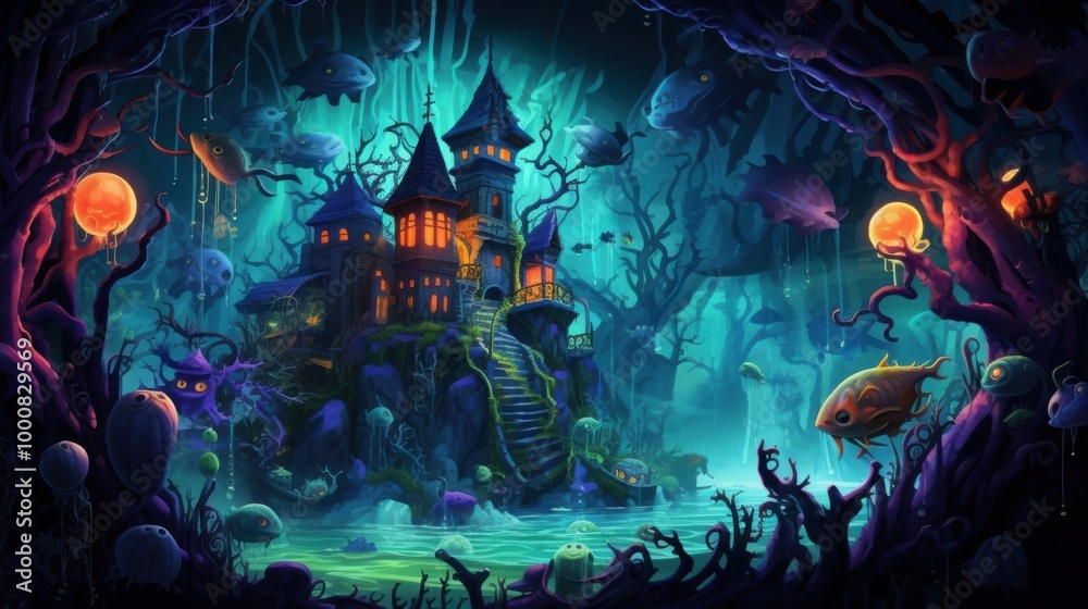 Fototapeta premium A Glowing Eerie Castle Surrounded by Strange Fish in a Bioluminescent Forest