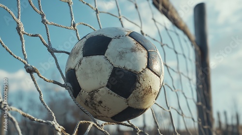 A soccer ball in a net.