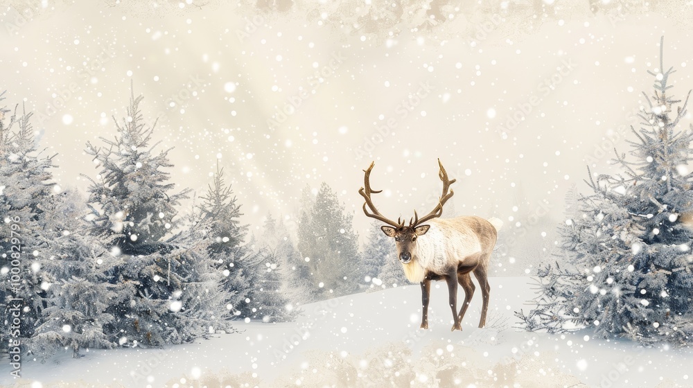 A snowy winter scene with a deer in the middle and pine trees. A snowy winter scene with a deer in the middle and pine trees.