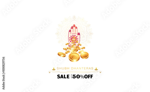 Dhanteras sale offer 50% off concept with golden coins