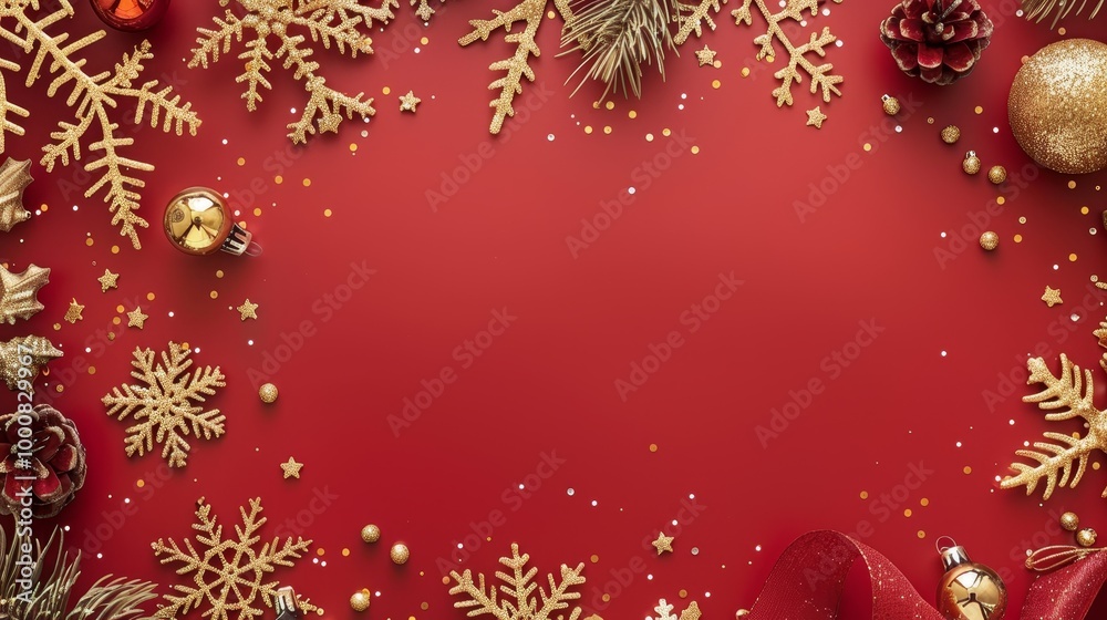 Red background with a gold frame of Christmas decorations like snowflakes, ornaments, and pinecones. A blank center. Red background with a gold frame of Christmas decorations like snowflakes, ornaments, and pinecones. A blank center.