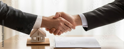 Two professionals sealing a home purchase deal with a handshake, contract and house model on a polished wooden table, home buying, real estate negotiation