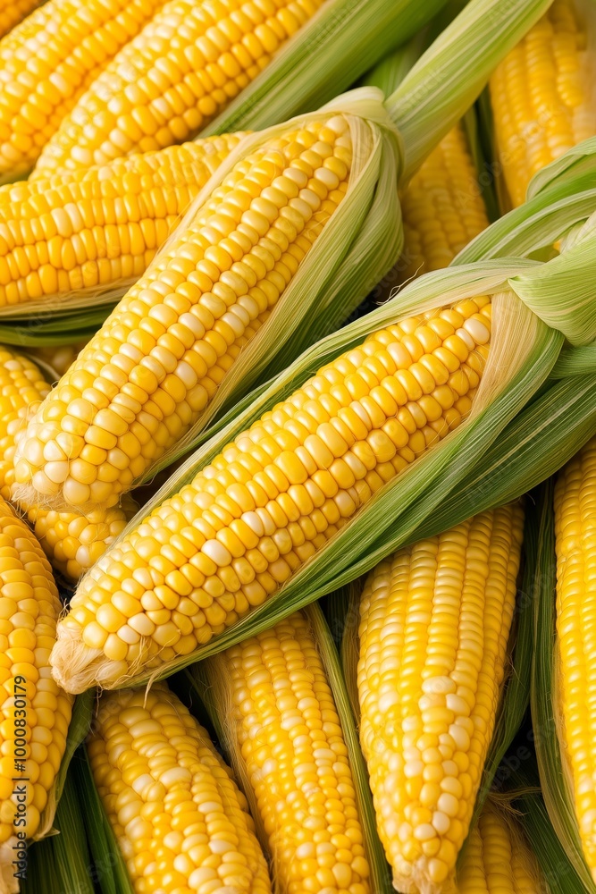 A close-up view of multiple fresh yellow corn cobs with husks partially peeled back, showcasing vibrant kernels and green leaves in a natural, organic arrangement A close-up view of multiple fresh yellow corn cobs with husks partially peeled back, showcasing vibrant kernels and green leaves in a natural, organic arrangement