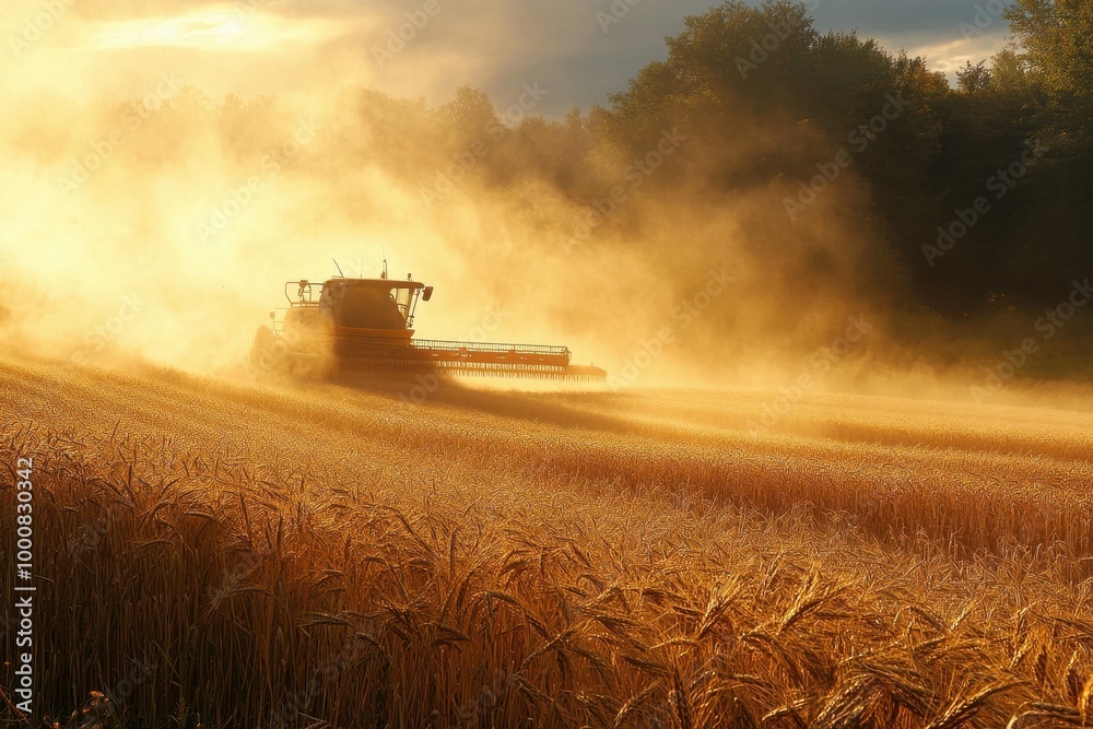Combine harvester cutting through a field of wheat at sunset, with dust rising from the machine and the golden light illuminating the scene. Combine harvester cutting through a field of wheat at sunset, with dust rising from the machine and the golden light illuminating the scene.