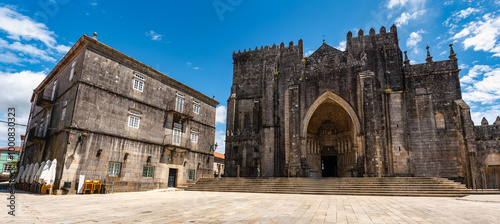 Main facade of the impressive medieval cathedral of Tui in the province of Pontevedra, Galicia.