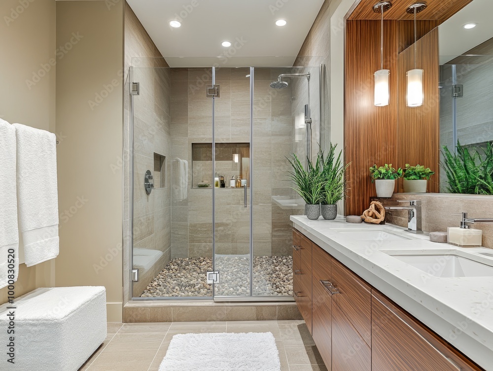 A modern bathroom with textured stone floors, a walk-in shower, and floating wooden cabinets, offering a clean, contemporary look. A modern bathroom with textured stone floors, a walk-in shower, and floating wooden cabinets, offering a clean, contemporary look.